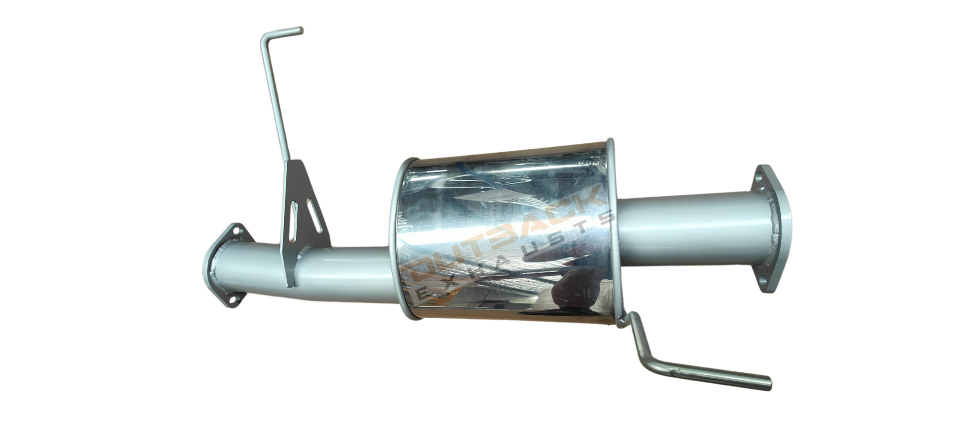 Image of a 3" Outback Exhausts 409 stainless steel performance muffler section designed to suit an Isuzu DMAX 3L. The mandrel-bent pipe features a polished body with the Outback Exhausts logo watermarked in the centre, minimal welds, and two hanger mounts for secure fitment. Both ends include laser-cut 2-bolt flanges for easy, precise bolt-on installation.