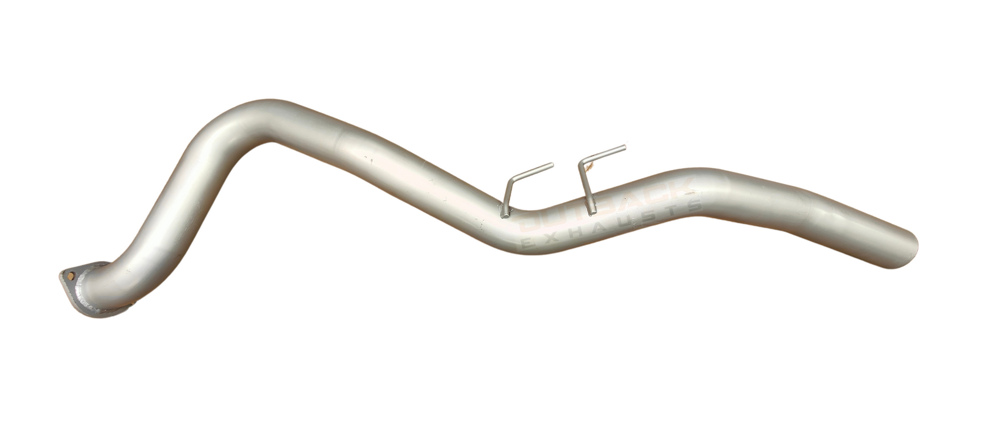 Image of a 3" Outback Exhausts 409 stainless steel tail pipe with a welded flange and two hanger mounts. The pipe features a polished finish, with the Outback Exhausts logo watermarked on the image and an outlet pipe designed for optimal underbody clearance and sound tuning Tail Pipe.