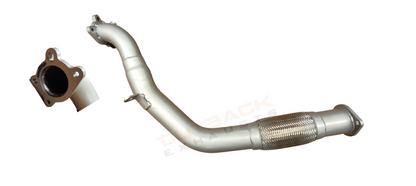 Image of a 3" Outback Exhausts coated 409 stainless steel engine pipe to suit Holden RC Colorado 3L. Includes a mandrel-bent section with integrated flex joint for vibration absorption and with welded hanger for secure fitment. Both end of this pipe feature laser-cut 2-Bolt flanges for precise bolt-on installation. Includes an image which clearly shows the orientation of the  flange on the turbo side for accurate fitment reference. Outback Exhausts logo appears as watermark in the centre of  the picture.