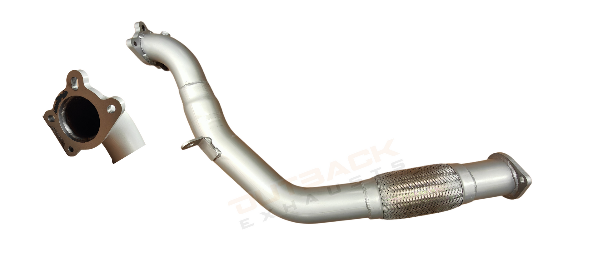 Image of a 3" Outback Exhausts coated 409 stainless steel engine pipe to suit Isuzu DMAX 3L. Includes a mandrel-bent section with integrated flex joint for vibration absorption and with welded hanger for secure fitment. Both end of this pipe feature laser-cut 2-Bolt flanges for precise bolt-on installation. Includes an image which clearly shows the orientation of the  flange on the turbo side for accurate fitment reference. Outback Exhausts logo appears as watermark in the centre of  the picture.
