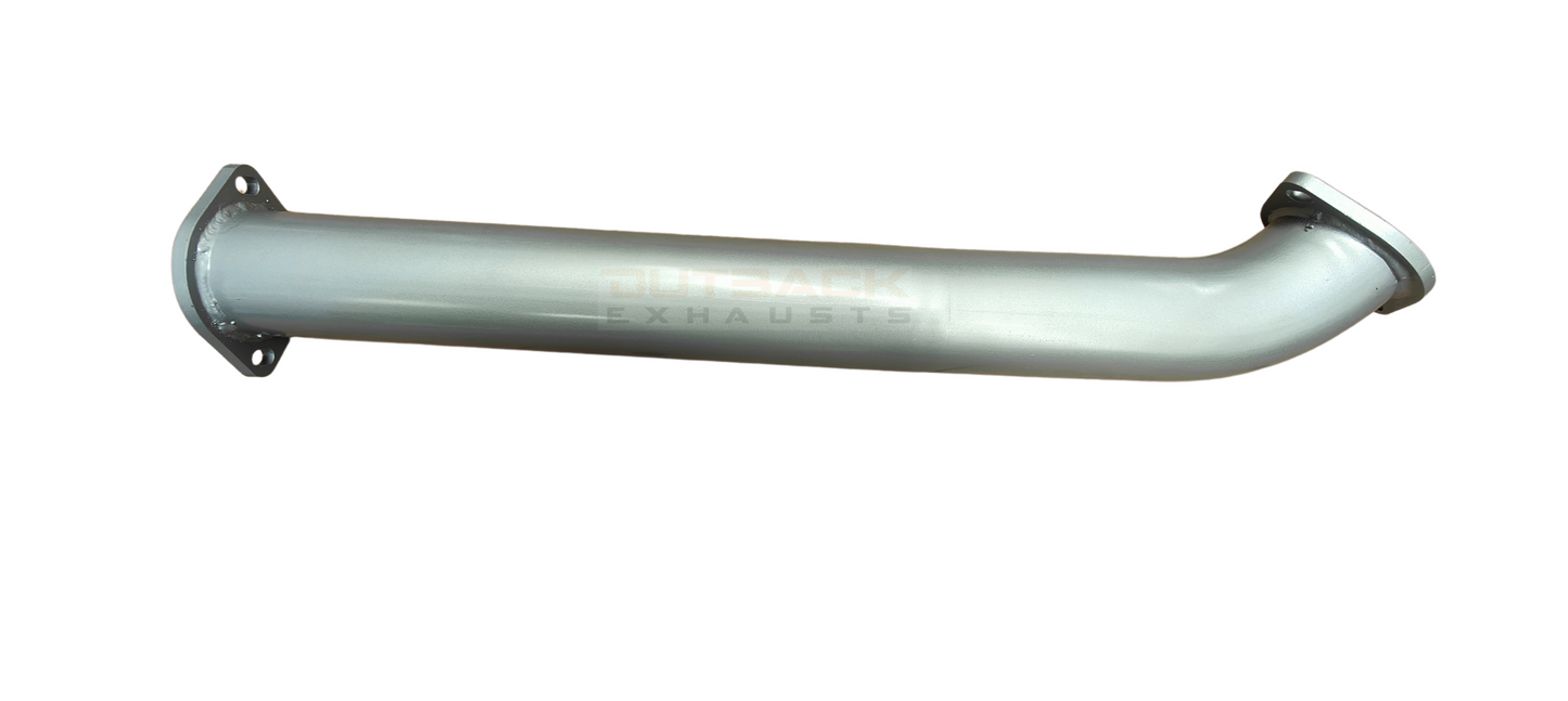 Image of a 3" Outback Exhausts coated 409 stainless steel connecting pipe for an Isuzu DMAX 3L. The pipe features a mandrel-bent design . Both ends have laser-cut 2-bolt flanges for precise bolt-on installation. The Outback Exhausts logo is watermarked in the center of the image.
