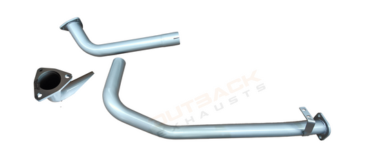 Image of a 2.5 inch Outback Exhausts  manifold back system designed for a 75 Series Toyota Landcruiser Naturally Aspirated Ute 1HZ 4.2L 6CYL. The system features mandrel bent 409 Stainless Steel pipes and muffler displayed against a transparent background.  The Outback Exhausts logo and contact information are at the bottom corner against a scenic  landscape backdrop along with tagline Quality Product Efficient solution hanging on the right side. SKU OE4413-S