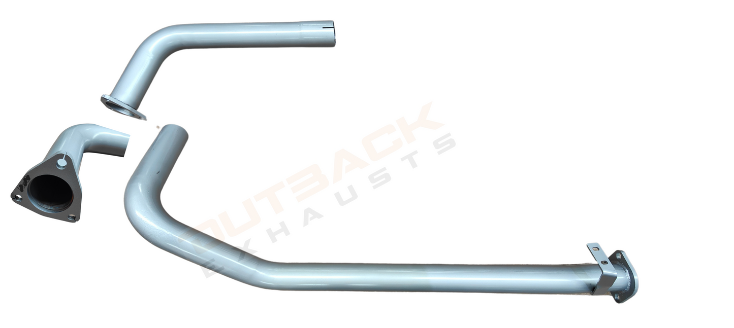 Image of a 2.5 inch Outback Exhausts  manifold back system designed for a 79 Series Toyota Landcruiser 1 HZ Naturally aspirated 4.2L Diesel UTE. The system features mandrel bent 409 Stainless Steel pipes and muffler displayed against a transparent background with watermarked Outback Exhaust logo in the centre.  SKU OE4422-S