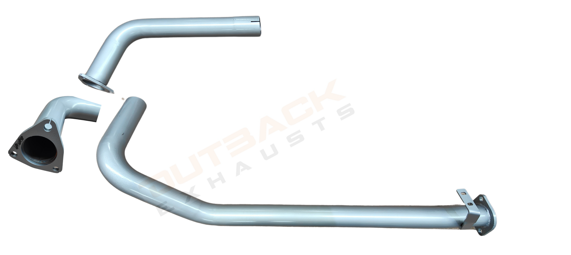 Image of a 2.5 inch Outback Exhausts  manifold back system designed for a 79 Series Toyota Landcruiser 1 HZ Naturally aspirated 4.2L Diesel UTE. The system features mandrel bent 409 Stainless Steel pipes and muffler displayed against a transparent background with watermarked Outback Exhaust logo in the centre.  SKU OE4422-S