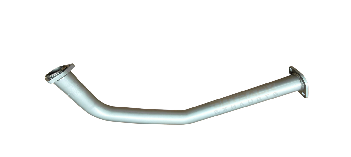 Image of a 2.5” Outback Exhaust manifold back system designed for a 60 Series Toyota Landcruiser Wagon with a 2H engine. The system features mandrel bent 409 stainless steel pipes and a resonator displayed on a transparent background. Outback Exhausts logo is positioned in the bottom left corner. SKU: OE4424-S.