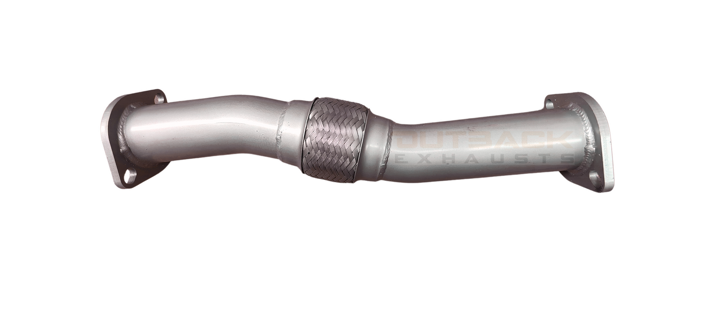 Image of a 2.5” Outback Exhaust manifold back system designed for a 60 Series Toyota Landcruiser Wagon with a 2H engine. The system features mandrel bent 409 stainless steel pipes and a resonator displayed on a transparent background. Outback Exhausts logo is positioned in the bottom left corner. SKU: OE4424-S.