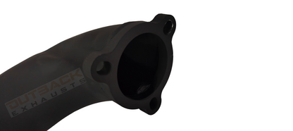 Image of a 3" Outback Exhausts high-flow turbo dump pipe to suit Normally Aspirated 75 series Landcruiser 2H DTS TURBO FITTED, constructed from coated 409 stainless steel. Features include mandrel-bent tubing for optimal exhaust flow, precision welds and a flange connection. Includes an image which clearly shows the orientation of the  flange on the turbo side for accurate fitment reference with Outback Exhausts logo watermark on the image.