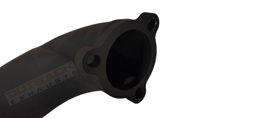 Image of a 3" Outback Exhausts high-flow turbo dump pipe to suit Normally Aspirated 75 series Landcruiser 2H DTS TURBO FITTED, constructed from coated 409 stainless steel. Features include mandrel-bent tubing for optimal exhaust flow, precision welds and a flange connection. Includes an image which clearly shows the orientation of the  flange on the turbo side for accurate fitment reference with Outback Exhausts logo watermark on the image.