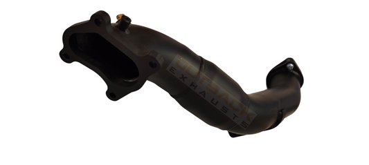 Outback Exhausts high-flow turbo dump pipe to suit 2.5Ltr 5 Cyl, Diesel, Factory Turbo Dual Cab Mazda Bravo 2500, constructed from coated 409 stainless steel. Features include mandrel-bent tubing for optimal exhaust flow, precision welds and a flange connection. Includes an image which clearly shows the orientation of the  flange on the turbo side for accurate fitment reference.