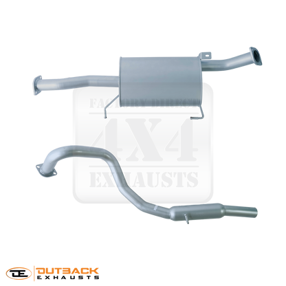 Images of a 2.5" inch Outback Exhausts  cat back system designed for a GU Y61 Nissan Patrol Wagon 4.8L Petrol engine. The system features mandrel bent 409 Stainless Steel pipes and muffler displayed against a transparent background. Outback Exhausts logo is positioned in the bottom left corner. SKU OE5415-A