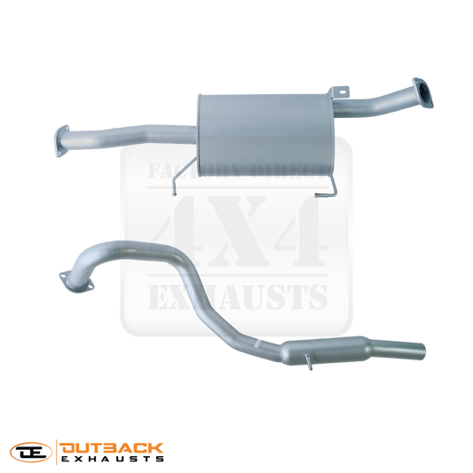 Images of a 2.5" inch Outback Exhausts  cat back system designed for a GU Y61 Nissan Patrol Wagon 4.8L Petrol engine. The system features mandrel bent 409 Stainless Steel pipes and muffler displayed against a transparent background. Outback Exhausts logo is positioned in the bottom left corner. SKU OE5415-A