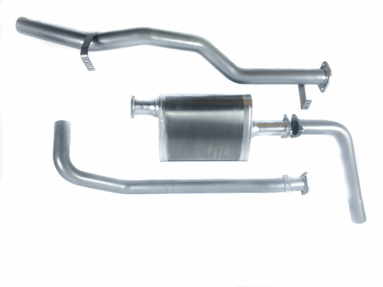 Image of a 2.5 inch Outback Exhausts   system designed for a 79 Series Toyota Landcruiser 1 HZ Naturally aspirated 4.2L Diesel UTE. The system features mandrel bent 409 Stainless Steel pipes and muffler displayed against a transparent background.  SKU OE4421-S