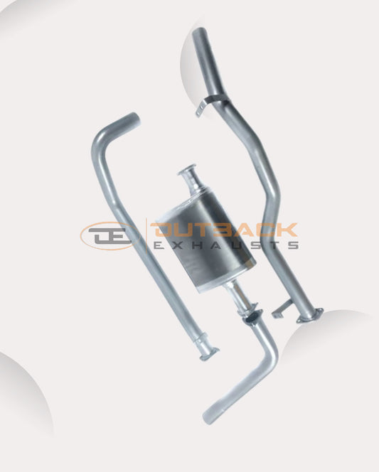 Image of a 2.5 inch Outback Exhausts  Extractor back system designed for a 79 Series Toyota Landcruiser 1 HZ Naturally aspirated 4.2L Diesel UTE. The system features mandrel bent 409 Stainless Steel pipes and muffler displayed against a transparent background with watermarked Outback Exhaust logo in the centre.  SKU OE4420-S