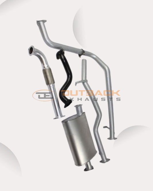 Image of a 2.5 inch Outback Exhausts  manifold back system designed for a 79 Series Toyota Landcruiser 1 HZ Naturally aspirated 4.2L Diesel UTE. The system features mandrel bent 409 Stainless Steel pipes and muffler displayed against a transparent background with watermarked Outback Exhaust logo in the centre.  SKU OE4422-S