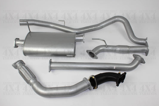 Image of a 2.5 inch Outback Exhausts  turbo back system designed for a Holden RA/R9 Rodeo 3L 4JHITC engine 4DOOR Dual Cab. The system features mandrel bent 409 Stainless Steel pipes and muffler displayed against a transparent background.  SKU OE1494-S.
