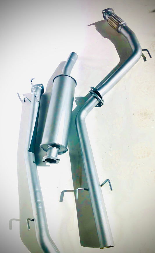 Image of a 2.5 inch Outback Exhausts  turbo back system designed for a Holden TF Rodeo 2.8L 4JB1 engine 4DOOR UTE 2DOOR Cab Chasis 4WD only. The system features mandrel bent 409 Stainless Steel pipes and muffler displayed against a transparent background.  SKU OE1497-S