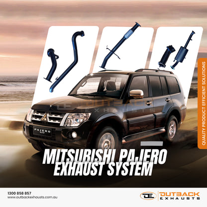 Image of a 2.5 inch Outback Exhausts  turbo back system designed for a Mitsubishi Pajero 2.8L NJ-NK-NL 4M4O engine. The system features mandrel bent 409 Stainless Steel pipes and muffler displayed against a white background.  . The Outback Exhausts logo and contact information are in the corner against a scenic desert landscape backdrop along with tagline Quality Product Efficient solution hanging on the right side. SKU: OE3408-S