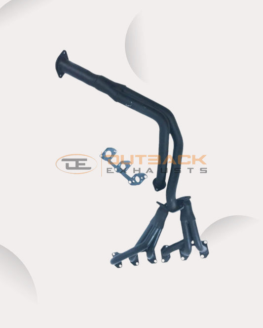 Image of a 2.5 inch Outback Exhausts   system with extractors designed for a 79 Series Toyota Landcruiser 1 HZ Naturally aspirated 4.2L Diesel UTE. The system features mandrel bent Mild Steel extractors displayed against a transparent background with watermarked Outback Exhaust logo in the centre.  SKU OE4421-S