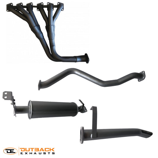 Image of a 2.5” Outback Exhausts  system designed for a 60 Series Toyota Landcruiser Wagon with a 2H engine. The system features mandrel bent 409 stainless steel pipes, a muffler, and mild steel extractors, displayed on a transparent background. Outback Exhausts logo is positioned in the bottom left corner. SKU: OE4423-S.