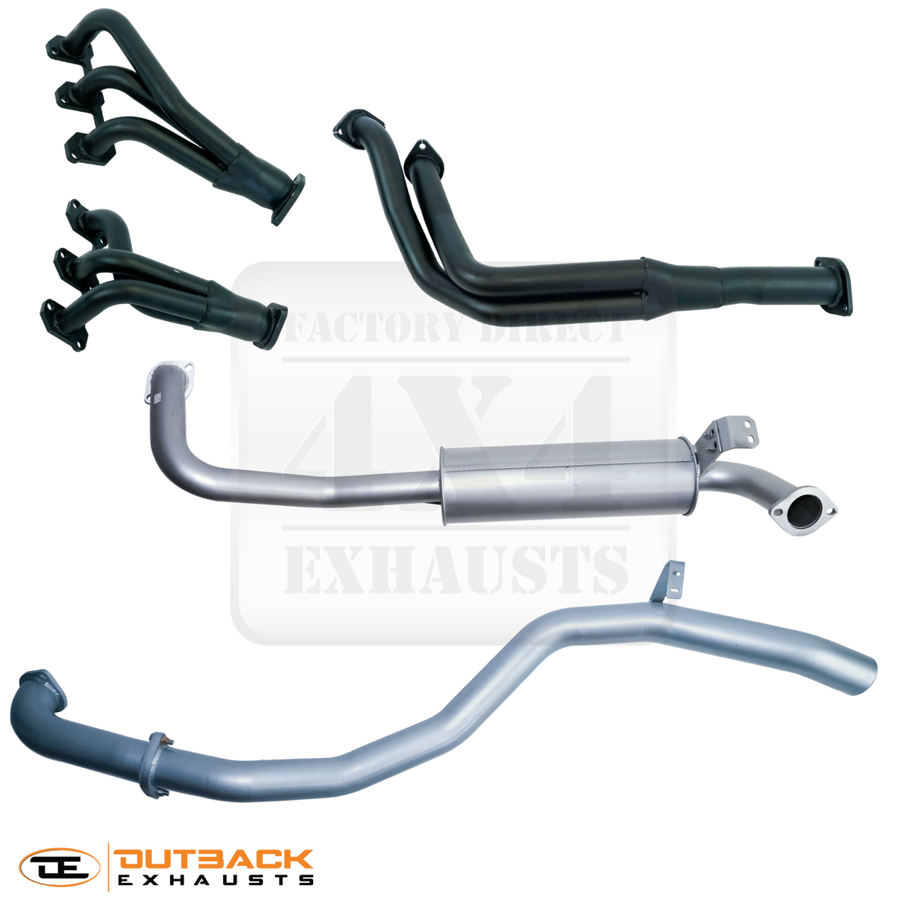 Image of a 2.5 inch Outback Exhausts   system with Extractors designed for 80_Series_Toyota_Landcruiser_Wagon_HZJ80_4.2L_1HZ Naturally Aspirated Diesel_engine. The system features mandrel bent 409 stainless steel pipes, a muffler, and mild steel extractors, displayed on a transparent background with Outback Exhausts logo positioned in the bottom left corner. SKU OE4428-S