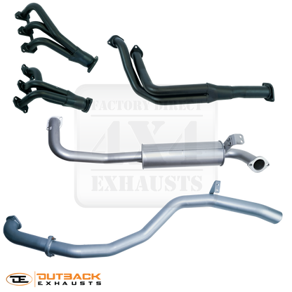 Image of a 2.5 inch Outback Exhausts   system with Extractors designed for 80_Series_Toyota_Landcruiser_Wagon_HZJ80_4.2L_1HZ Naturally Aspirated Diesel_engine. The system features mandrel bent 409 stainless steel pipes, a muffler, and mild steel extractors, displayed on a transparent background with Outback Exhausts logo positioned in the bottom left corner. SKU OE4428-S