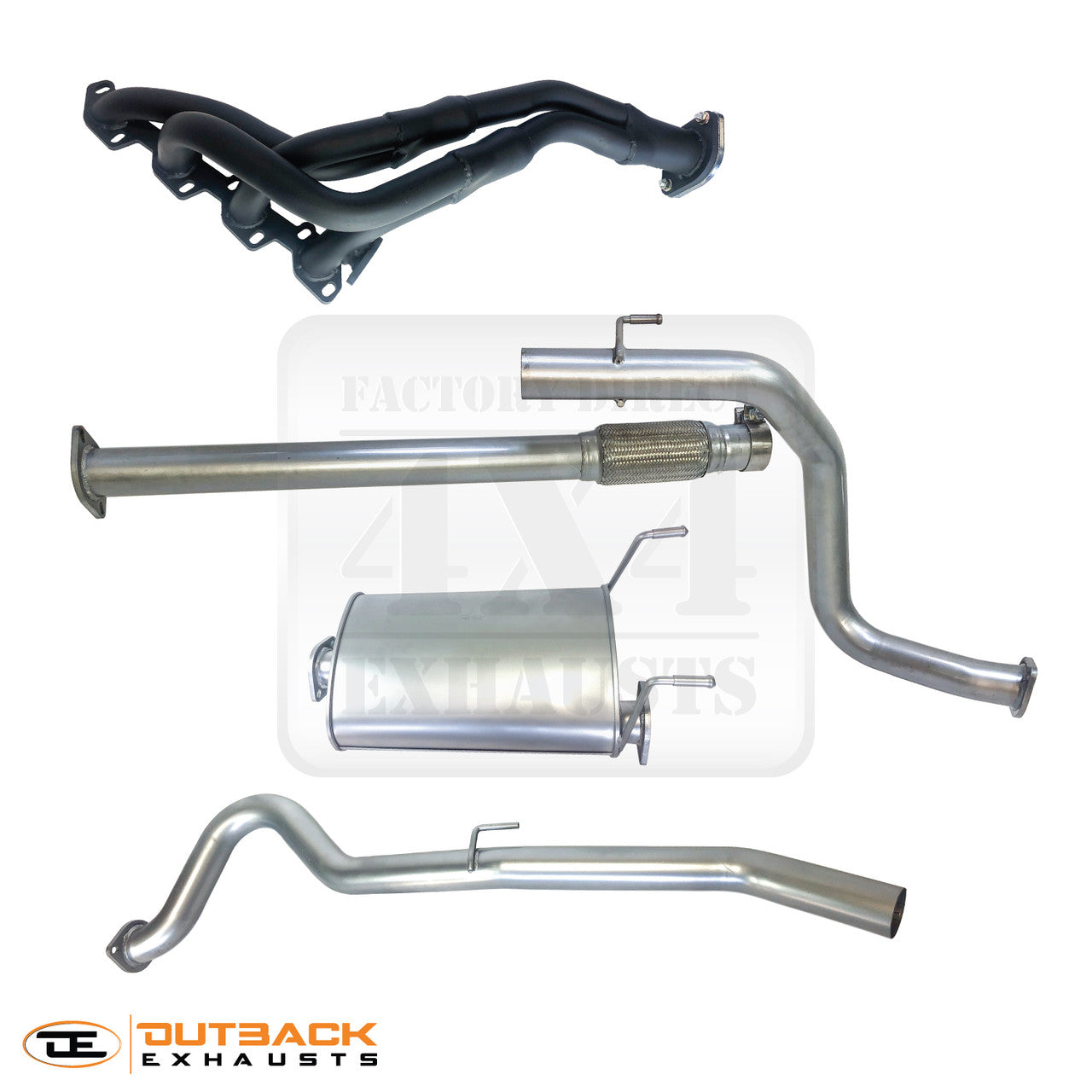 Image of a 2.5 inch Outback Exhausts   system with Extractors designed for Toyota Hilux 3.0L with 5L Naturally Aspirated motor. The system features mandrel bent 409 stainless steel pipes, a muffler, and mild steel extractors, displayed on a transparent background with Outback Exhausts logo positioned in the bottom left corner. SKU OE4404-LN167