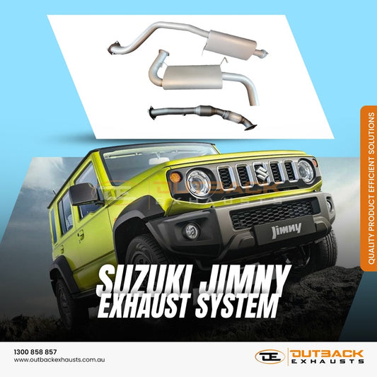 Image of a 2.5 inch Outback Exhausts manifold back system designed for a 3 DOOR/5 DOOR Suzuki Jimny 1.5L 4CYL Petrol Engine. The system features mandrel bent 409 stainless steel pipes and muffler displayed in the top middle on a white background. A green Suzuki Jimny is shown scaling a gravel road in the center with a blue sky in the background. Outback Exhausts logo is positioned in the bottom right corner and phone number and website URL positioned on the bottom left corner. SKU: OE7000-S/OE7010-S.