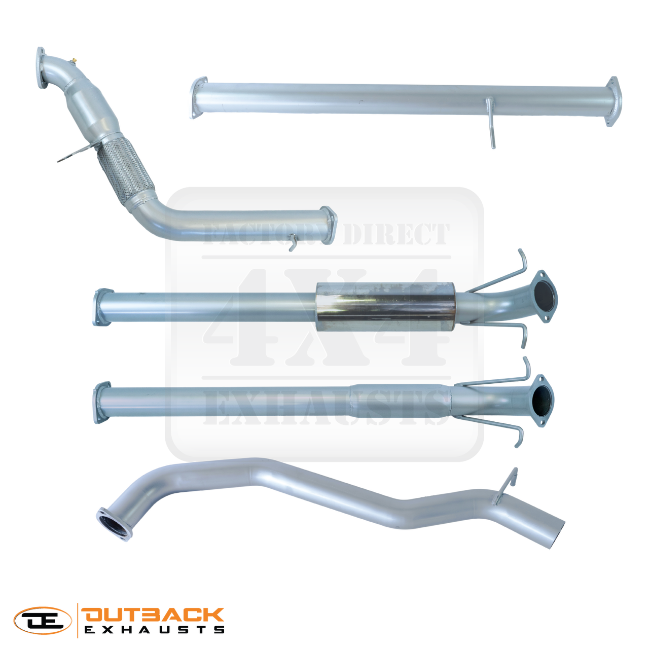 Image of a 3-inch Outback Exhausts  Turbo back system designed for a FORD_RANGER 2.2L 4Cyl Turbo Diesel Engine. The system features mandrel-bent 409 stainless steel pipes with welded flanges at both ends and mounting brackets. One of the pipes includes a muffler. The system is displayed against a transparent background with the Outback Exhausts logo positioned in the bottom left corner.  SKU OE6614-S.