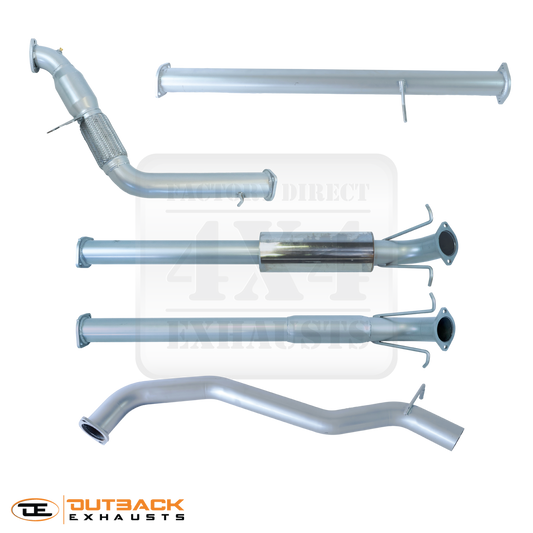Image of a 3 inch Outback Exhausts  DPF back system designed for a Ford Ranger 3.2L 5CYL Manual/Auto . The system features mandrel-bent 409 stainless steel pipes with welded flanges at both ends and mounting brackets. One of the pipe includes a muffler. The system is displayed against a transparent background with Outback Exhausts logo positioned in the bottom left corner.  SKU OE6603-S