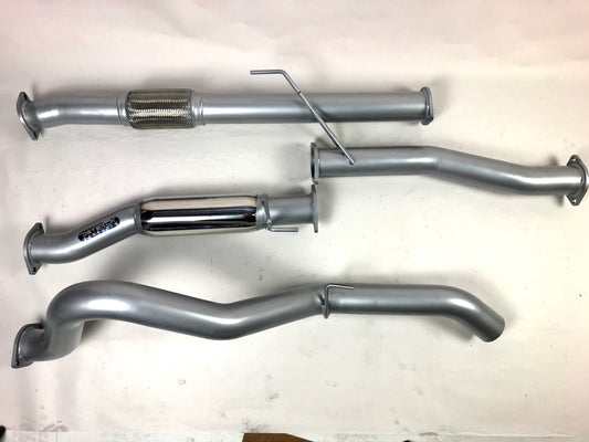 Image of a 3-inch Outback Exhausts  DPF back system designed for a Isuzu DMAX 3L 4JJ1 Turbo Diesel Engine. The system features mandrel-bent 409 stainless steel pipes with welded flanges at both ends and mounting brackets. One of the pipe includes a muffler. The system is displayed against a transparent background .  SKU OE1690-S.