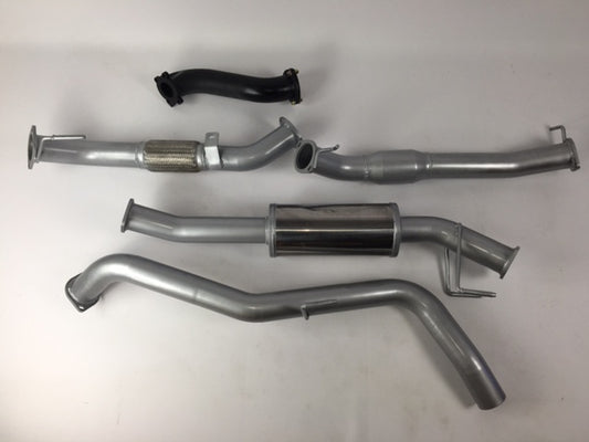 Image of a 3 inch Outback Exhausts  DPF back system designed for a FORD_RANGER_3.0L_4Cyl SpaceCab/DualCab. The system features mandrel-bent 409 stainless steel pipes with welded flanges at both ends and mounting brackets. One of the pipe includes a muffler. The system is displayed against a transparent background.  SKU OE6602-S