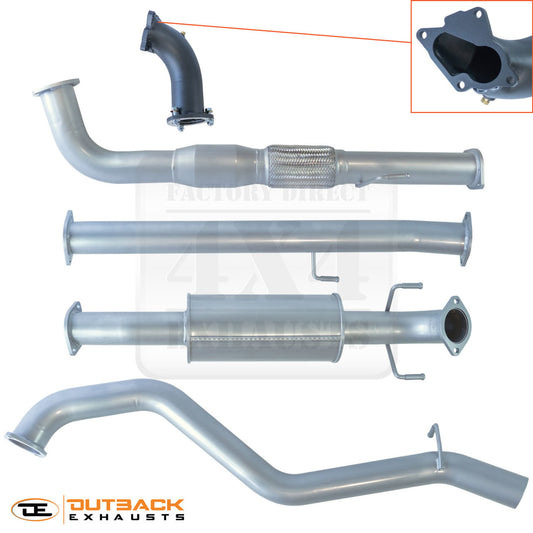 Image of a 3-inch Outback Exhausts  Turbo back system designed for a Foton Tunland 2.8 Ltr, 4 CYL Turbo DIESEL Common Rail Auto. The system features mandrel-bent 409 stainless steel pipes with welded flanges at both ends and mounting brackets. One of the pipes includes a muffler. The system is displayed against a transparent background with the Outback Exhausts logo positioned in the bottom left corner.  SKU OE1501-S.