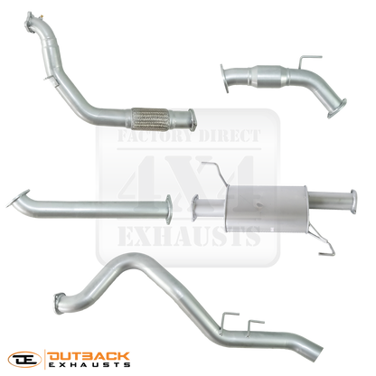 Image of a 3-inch Outback Exhausts  Turbo back system designed for a Holden RC Colorado 3.0L Turbo Diesel  DUAL CAB with side exit tail pipe for towing. The system features mandrel-bent 409 stainless steel pipes with welded flanges at both ends and mounting brackets. One of the pipes includes a muffler. The system is displayed against a transparent background with Outback Exhausts logo positioned in the bottom left corner.  SKU OE1606-SE.