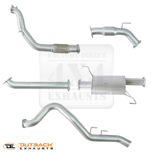 Image of a 3-inch Outback Exhausts  Turbo back system designed for a Holden RC Colorado 3.0L Turbo Diesel  DUAL CAB with side exit tail pipe for towing. The system features mandrel-bent 409 stainless steel pipes with welded flanges at both ends and mounting brackets. One of the pipes includes a muffler. The system is displayed against a transparent background with Outback Exhausts logo positioned in the bottom left corner.  SKU OE1606-SE.