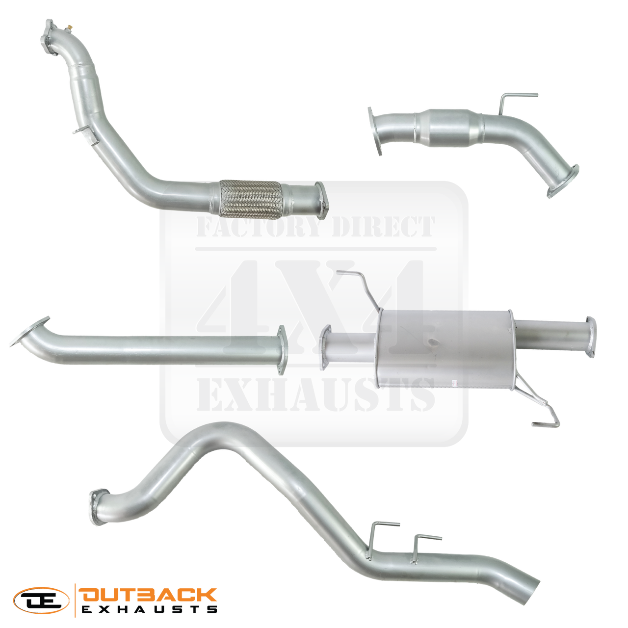 Image of a 3-inch Outback Exhausts  Turbo back system designed for a Isuzu DMAX 3L Turbo Diesel. The system features mandrel-bent 409 stainless steel pipes with welded flanges at both ends and mounting brackets. One of the pipes includes a muffler. The system is displayed against a transparent background with Outback Exhausts logo positioned in the bottom left corner.  SKU OE1606-S.