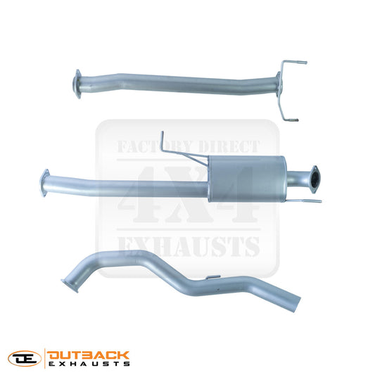 Image of a 3.5 inch Outback Exhausts  DPF back system designed for a MIitsubishi Triton 2.4 L MQ/MR Turbo Diesel. The system features mandrel-bent 409 stainless steel pipes with welded flanges at both ends and mounting brackets. One of the pipe includes a muffler. The system is displayed against a transparent background, with the Outback Exhausts logo positioned in the bottom left corner.  SKU OE3608-S35.