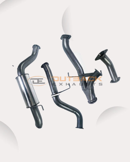 Image of a 3.5 inch Outback Exhausts  DPF back system designed for a 200-Series-Toyota-Landcruiser-V8 Turbo Diesel. The system features mandrel-bent 409 stainless steel pipes with welded flanges at both ends and mounting brackets. One of the pipe includes a resonator. The system is displayed against a transparent background with Outback Exhausts logo watermarked in the centre.  SKU OE4711-S35.