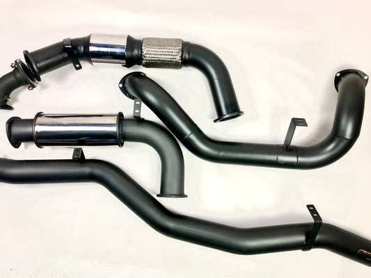 Image of a 3.5 inch Outback Exhausts  Turbo back system designed for a 79 Series Toyota Landcruiser Double Cab 4.5L V8 Turbo Diesel Engine. The system features mandrel-bent 409 stainless steel pipes with welded flanges at both ends and mounting brackets. One of the pipe includes a resonator. The system is displayed against a transparent background.  SKU OE4607-S35